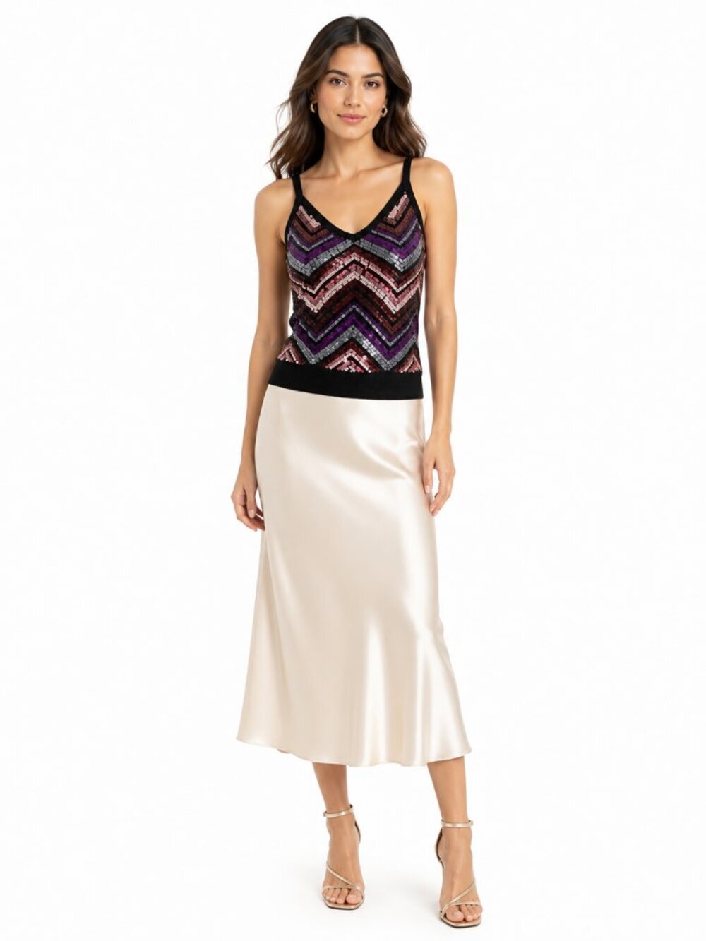 Trina Turk Chevron Sequin Party Tank Merino Wool Black Multi XS Festive